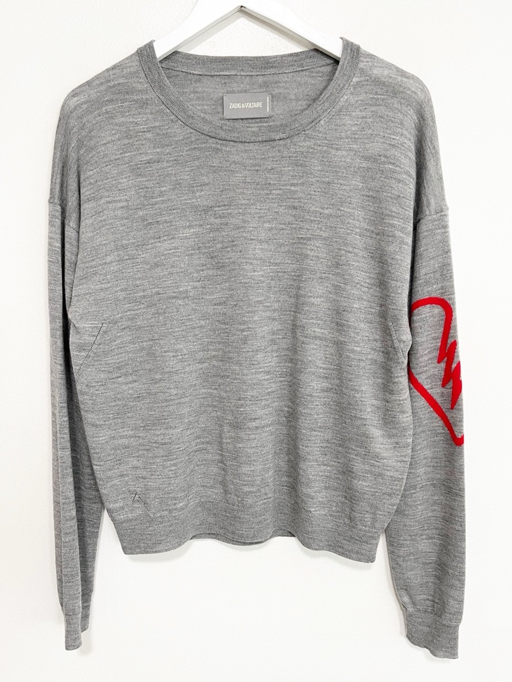Zadig & Voltaire 100% Merino Wool Broken Heart Sweater Grey Red Medium - Picture 3 of 8